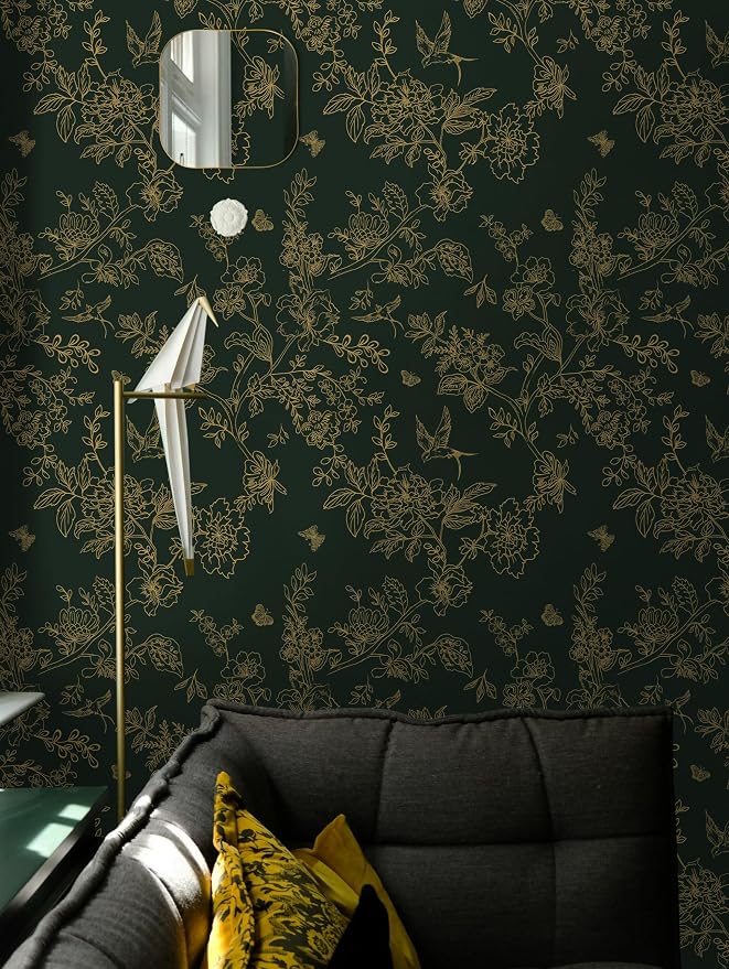 Froluya Green and Gold Peel and Stick Wallpaper for Bathroom 17.7in×196.8in | Dark Green Floral Wallpaper Vintage Contact Paper Peel and Stick Flowers Birds Removable Self Adhesive Cabinets Wall Paper - Image 2