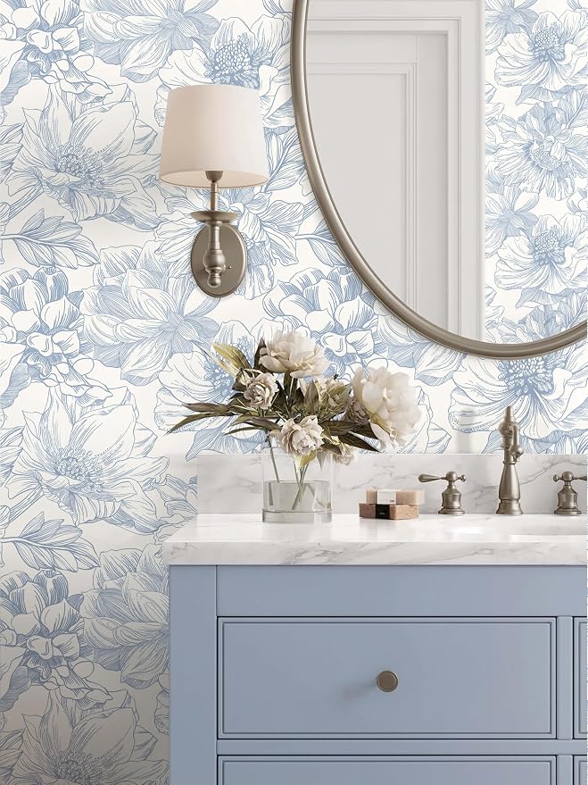 Ismoon Vintage Floral Wallpaper Peel and Stick Beige and Blue Contact Paper 17.3inx32.75ft Removable Self Adhesive Wall Paper for Bathroom Bedroom Cabinet Mural Wall Decor Vinyl Renter Friendly - Image 3