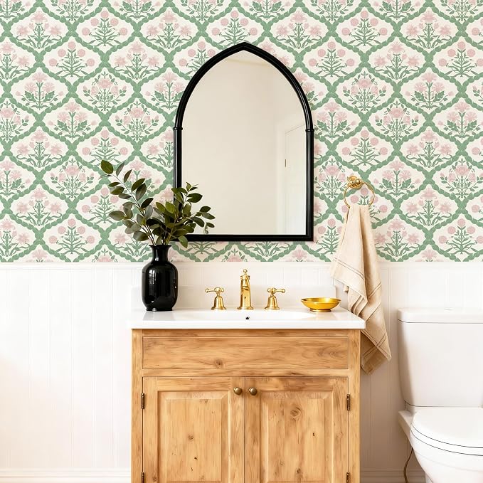 17.3" x 590.5" Pink Peel and Stick Wallpaper, Rattan Weaving Floral Wallpaper Farmhouse Wall Paper Morris Style Removable Self Adhesive Bathroom Bedroom Thicken - Image 5