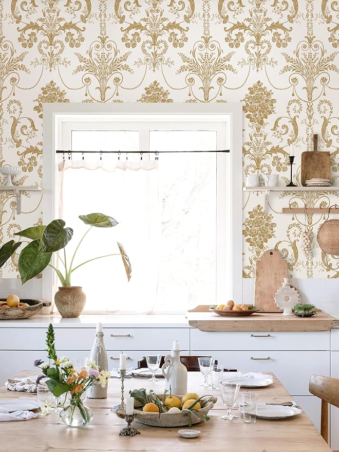 Damask Floral Peel and Stick Wallpaper Removable Gold Flowers Contact Paper | 17.3" X 197" Gold and White Damascus Wallpaper Boho Self Adhesive Decorative Wallpaper for Bedroom Accent Wall DIY Vinyl Roll - Image 6
