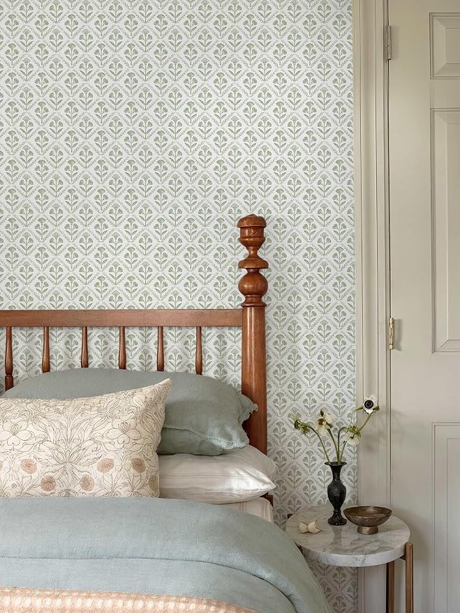 Dimoon Green Peel and Stick Wallpaper Floral Contact Paper Village Vintage Summer Cute Farmhouse Cottage Wall Paper Country Renter Friendly Geometry Waterproof Moody Bathroom Kitchen 394"x17.3" - Image 9
