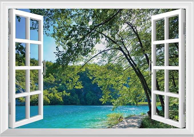 FLFK Fake Window Wall Mural - Lakes in The Jungle Faux Window Wall Sticker for Wall Decor, Stick and Peel Wall Decals,80"x60",Set of 5 Sheets by FLFK