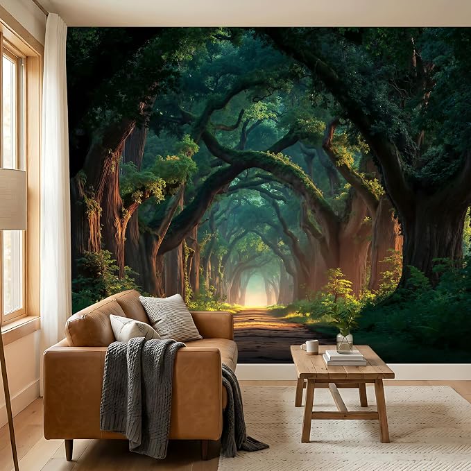 ASJ Forest Peel and Stick Wallpaper Mural, Enchanted Tree Tunnel Green | Seamless edge-to-edge match. Moody woodland path artwork, 139x94 in, premium fabric, living room bedroom decor. - Image 4