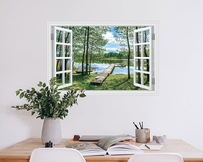 FLFK Fake Window Wall Decal Peel and Stick Wall Mural 24" x 16" | Lake & Forest Scene, 3D Illusion Effect, Removable Design, Home Office Decor, Easy Application - Image 6