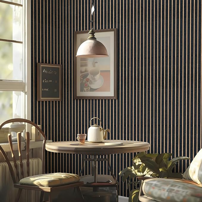Dark Vertical Slat Panel Peel and Stick Wallpaper Self Adhesive 17.72" x 118.12'' Wood Grating Stripe Minimalist Stripe Wall Paper Renter Friendly Removable Waterproof for Living Room Bedroom - Image 2