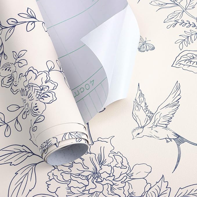 Froluya Cream White and Blue Peel and Stick Wallpaper Floral Contact Paper | 17.7in×118.1in Blue Floral Wallpaper Peel and Stick Vintage Flower Bird Self Adhesive Removable Wall Paper for Bathroom Vinyl - Image 5
