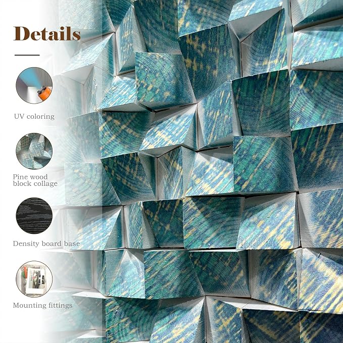 LIUZEYUE - Large blue-green-gold patterned triangular wooden block wall art piece. Modern living room eye-catching wooden decorative item 47.2" - Image 3