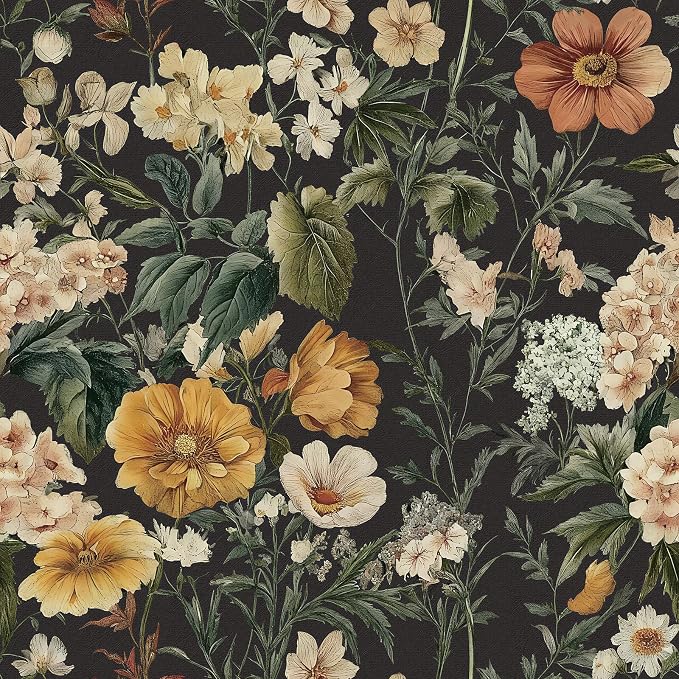 Livebor Black Floral Peel and Stick Wallpaper Flower Wallpaper16.9 x118.1 | Vintage Floral Contact Paper Boho Self Adhesive Botanical Wall Paper for Kitchen Waterproof Cabinets Decorative Vinyl by LiveborDirectWallpaper