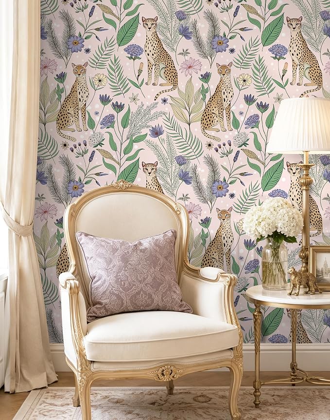 Floralplus Wallpaper Peel and Stick Vintage Pink Floral Wallpaper | Renter Friendly, Removable, Self Adhesive, Jungle Leopard Wallpaper, Textured Contact Paper for Nursery, 17.5 x 118 in - Image 6