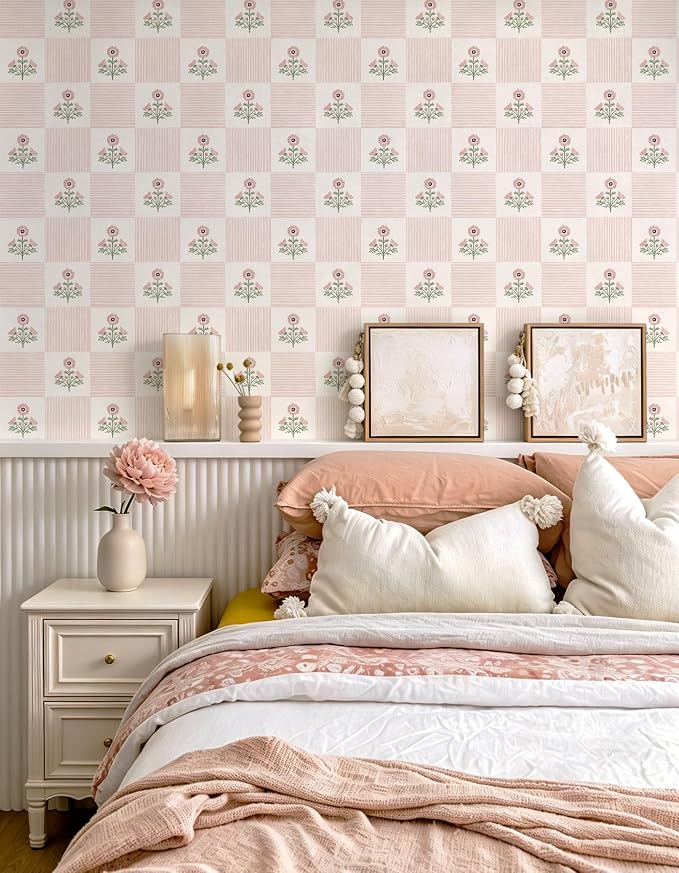 Guvana Pink Floral Peel and Stick Wallpaper Vintage Floral Wallpaper Boho Wall Paper Removable Modern Contact Paper Vinyl Self Adhesive for Bedroom Bathroom Kitchen Livingroom Covering 17.3" x 78.7" - Image 2