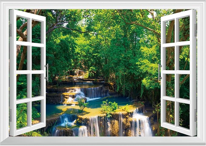 FLFK Fake Window Wall Mural - Jungle Waterfall Faux Window Wall Decal for Wall Decor, Peel and Stick Wall Sticker,80"x60",Set of 5 Sheets by FLFK