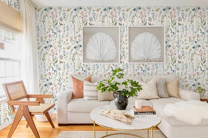 Dimoon Boho Peel and Stick Wallpaper Beige Floral Contact Paper 17.3x197in |Blue Wildflower Botanical Renter Friendly Removable Self Adhesive Stick on Wall Paper Decor for Bathroom Bedroom Vinyl - Image 5