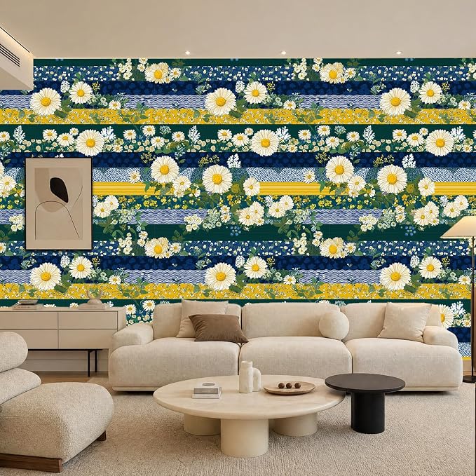 Striped and Multicolored Flowers Removable Self-Adhesive Wallpaper for Bedroom & Living Room Decor 17.7×236 Inch,Waterproof Wall Covering for Accent Walls, Apartment, Nursery - Image 2