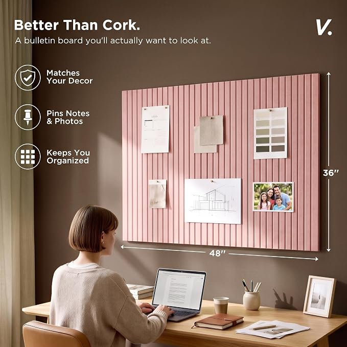 VIVELDA Felt Bulletin Board Tiles 48"x36" - 12-Pack Cork Board Alternative, Oeko-TEX Certified, NRC 0.95 Acoustic Wall Panels, Damage-Free Adhesive, Slatted Design, Home Office & Classroom (Salmon) - Image 2