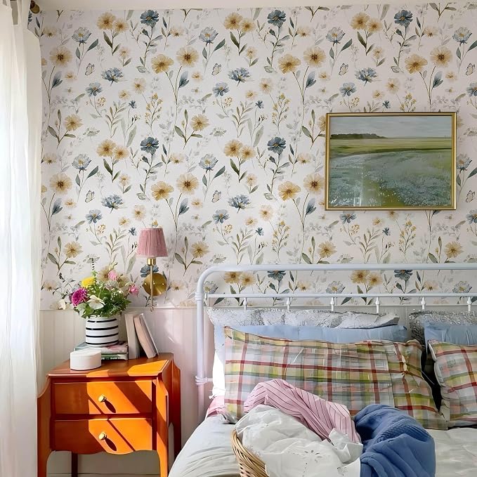 Ismoon Floral Peel and Stick Wallpaper Boho Wallpaper 17.3in x 6.56ft Blue and White Contact Paper Watercolor Flower Removable Wall Paper for Bedroom Nursery Kitchen Girls Room Vinyl - Image 4