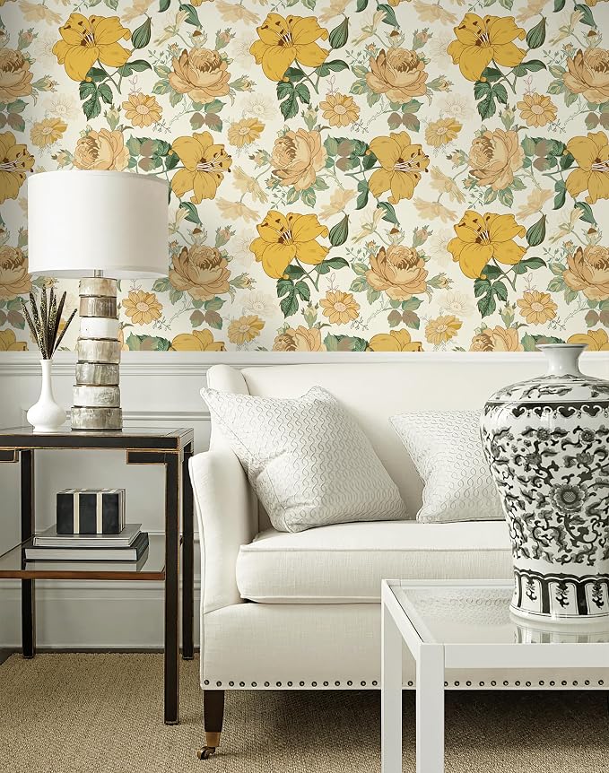 Hopepak Yellow Floral Peel and Stick Wallpaper Modern Flower Contact Paper 16.1'' x 118'' Self Adhesive Removable Waterproof Wall Paper for Bedroom Cabinets Living Room Decor - Image 6