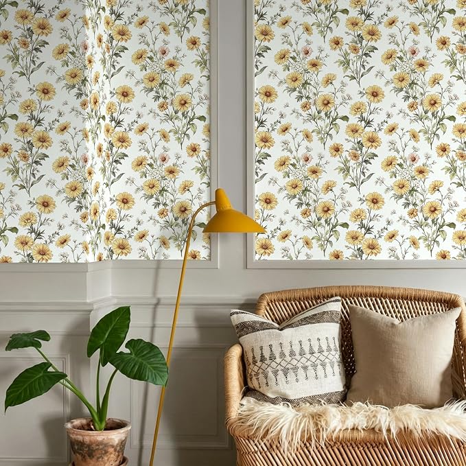 Livebor Daisy Floral Peel and Stick Wallpaper for Bathroom 16.9in x118.1in | Floral Contact Paper Yellow Daisy Flower Wallpaper Waterproof Flower Boho Self Adhesive Removable Wall Paper Decor Vinyl - Image 8
