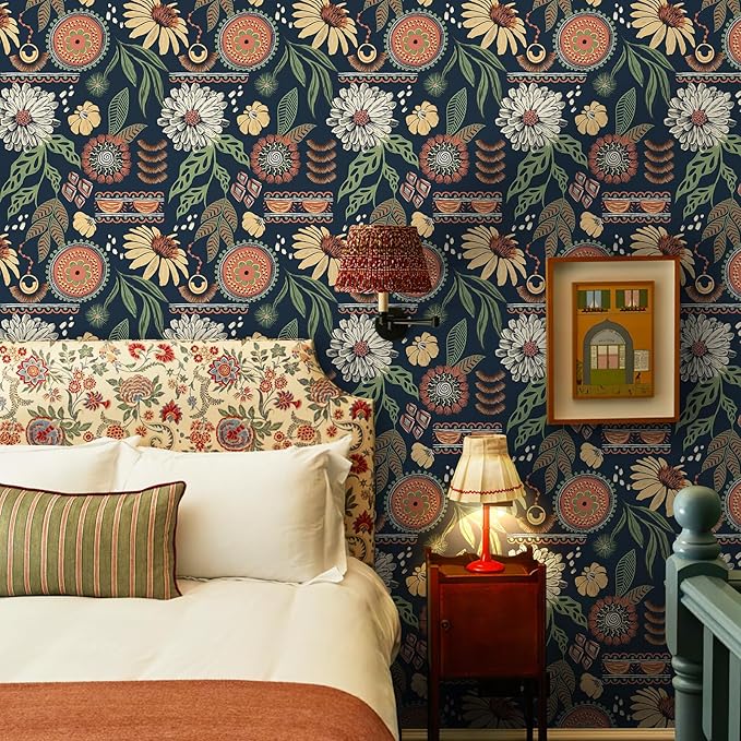 Simon&Siff Boho Sun Floral Retro Peel and Stick Wallpaper 17.3" x 1200" | Removable Waterproof Self Adhesive Contact Paper Renter Friendly for Cabinets, Furniture, Bedroom, Bathroom, DIY Decor - Image 2