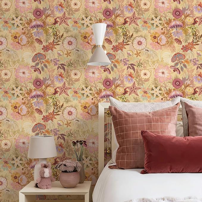 Ismoon Vintage Floral Peel and Stick Wallpaper Deep Beige Contact Paper Jellyfish Starfish Stick on Wall Paper Removable Self Adhesive Vinyl Wallpaper for Bedroom Wall Cabinet Decor 17.3x393in - Image 2