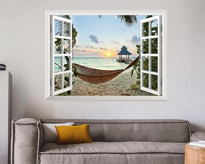 FLFK Fake Window Wall Sticker - Sunset Beach Faux Window Wall Mural for Wall Decor, Stick and Peel Wall Decals,48"x32",Set of 2 Sheets - Image 3