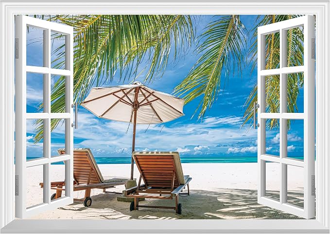 FLFK Fake Window Wall Mural - Ocean Beach Faux Window Wall Decal for Wall Decor, Peel and Stick Wall Sticker,80"x60",Set of 5 Sheets by FLFK