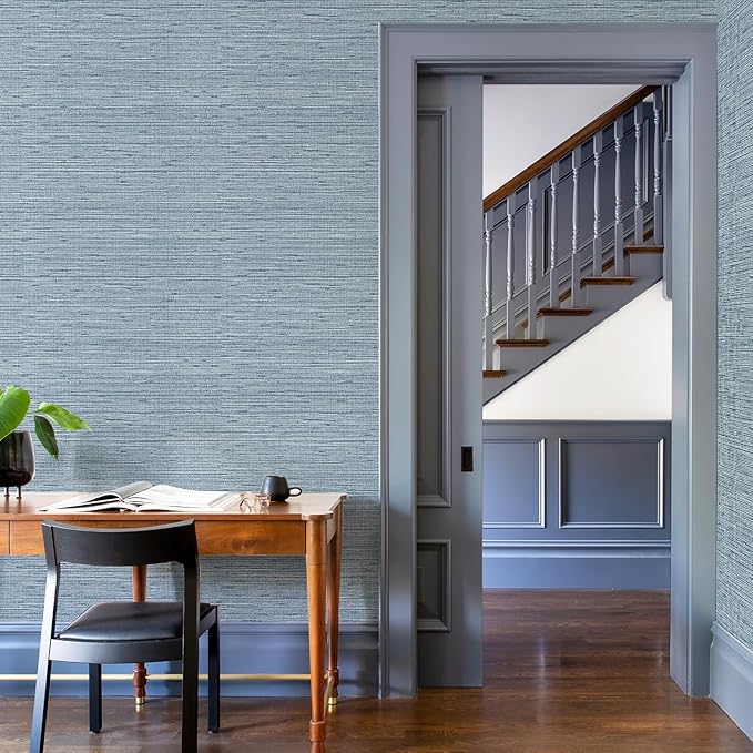 HueBurst Grasscloth Peel and Stick Wallpaper 17.3" x 394" Blue Textured Grasscloth Wall Paper Renter Friendly Wallpaper Self Adhesive Removable for Bathroom Bedroom - Image 3