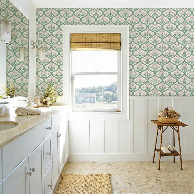 Pink Floral Peel and Stick Wallpaper Vintage Wall Paper Boho Pink Floral Damask Wallpaper for Bedroom Decorative Self Adhesive Shelf Drawer Liner 17.3" x 78.7" - Image 6