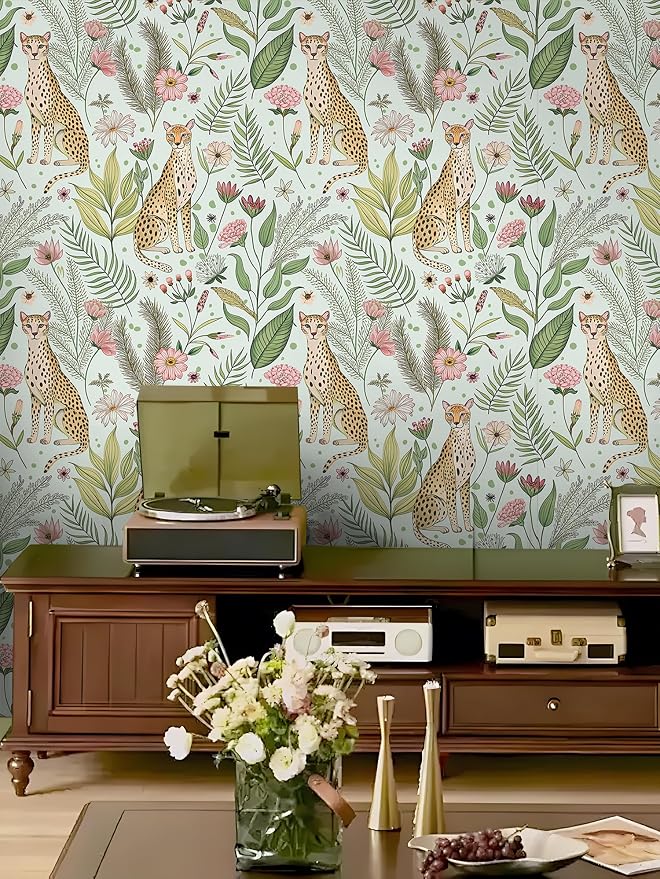 Floralplus Jungle Leopard Wallpaper Peel and Stick Wallpaper Removable Vintage Floral Wall Paper for Bathroom Renter Friendly Textured Stick On Vinyl Contact Paper Home Decor 17.5 x 393 in - Image 3