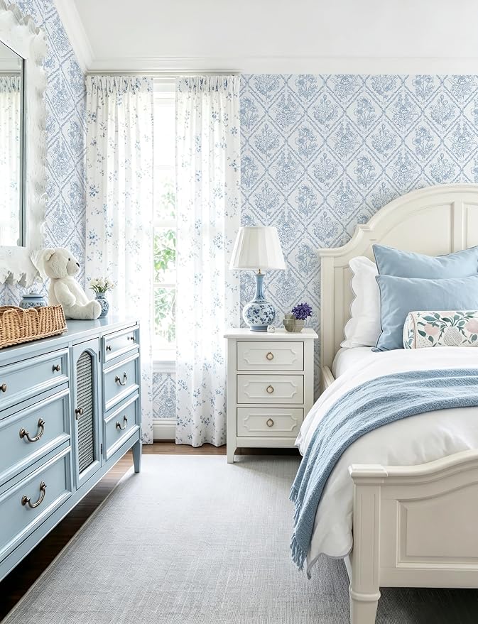 Toduso Peel and Stick Wallpaper Vintage Wall Paper Blue and White Contact Paper Floral Removable Wallpaper for Bathroom Bedroom Flower Waterproof Self Adhesive Vinyl Drawer Decor 17.3"x393.7" - Image 2