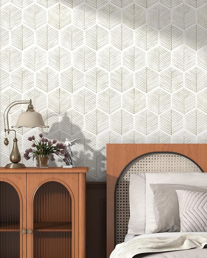 OSECAGE Geometric Peel and Stick Wallpaper Boho Contact Paper 17.3''×393'' | Modern Self Adhesive Wallpaper Removable White and Beige Wall Paper Decorative for Bedroom Bathroom Cabinets Decor Vinyl Roll - Image 4