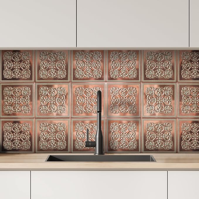 Peel and Stick Metal Backsplash Tiles, Patina Copper, 10-Pack | 8 x 8 in tile size; Covers up to 4.44 sq ft; Aluminum; Water-resistant surface; For kitchens, ceilings, DIY projects - Image 7