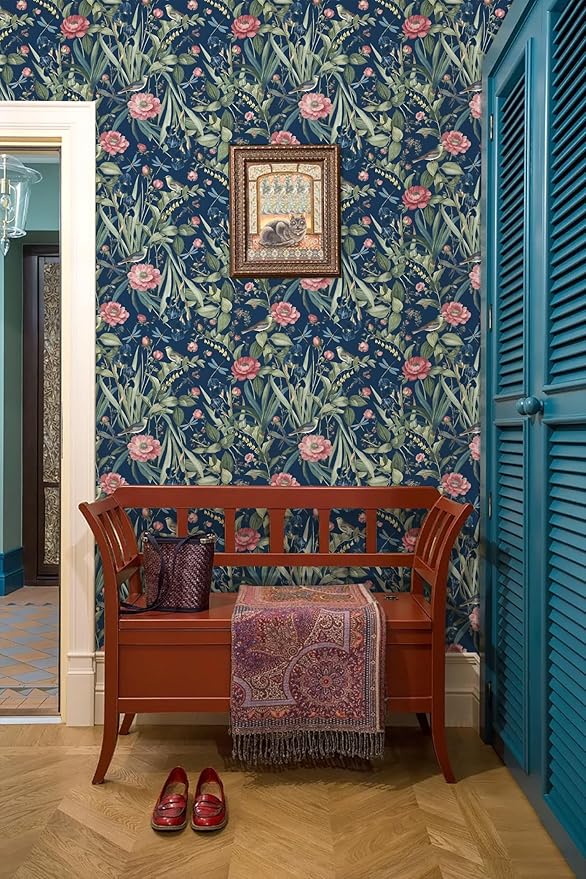 Navy Bird and Floral Peel and Stick Wallpaper Vintage 17in x 118in | Flower Contact Paper Vintage Floral Wallpaper Boho Self Adhesive Waterproof Wall Paper Botanical Removable Decorative Vinyl - Image 3