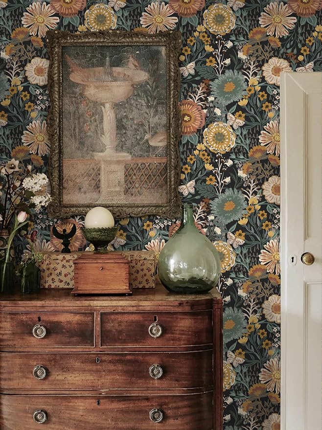 Dimoon Boho Retro Wallpaper Peel and Stick Wallpaper Vintage Floral Contact Paper 17.3''x197'' Dark Black Bohemian Removable Wall Paper Renter Friendly Waterproof Wall Mural Bedroom Bathroom Vinyl - Image 4