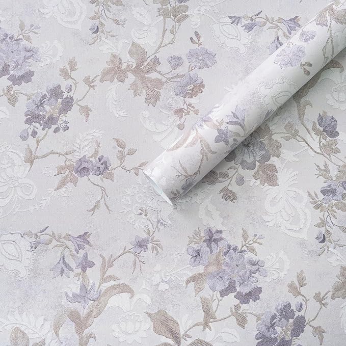 Ismoon Vintage Wallpaper Floral Peel and Stick Wallpaper 17.3in x6.56ft Gray Country Retro Flower Wall Paper Texture Removable Stick on Wall Paper for Bathroom Cabinets Countertops Self-Adhesive Vinyl by Ismoon