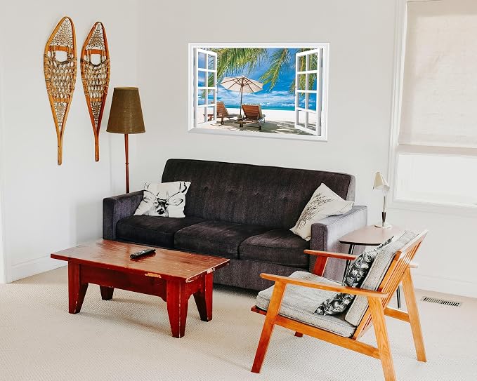 FLFK Fake Window Wall Mural - Ocean Beach Faux Window Wall Sticker for Wall Decor, Peel and Stick Wall Decals,48"x32",Set of 2 Sheets - Image 6