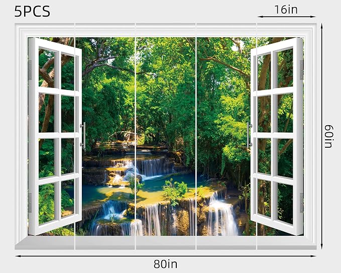 FLFK Fake Window Wall Mural - Jungle Waterfall Faux Window Wall Decal for Wall Decor, Peel and Stick Wall Sticker,80"x60",Set of 5 Sheets - Image 2