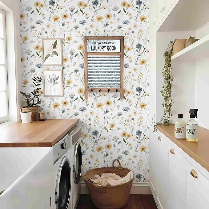 Ismoon Floral Peel and Stick Wallpaper Boho Wallpaper 17.3in x 16.4ft Blue and White Contact Paper Watercolor Flower Removable Wall Paper for Bedroom Nursery Kitchen Girls Room Vinyl - Image 5