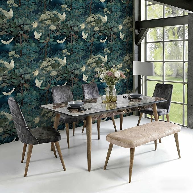 Vintage Night Dove Floral Botanical Peel and Stick Wallpaper | Deep teal moonlit forest dove and blossom print, Removable waterproof vinyl wall covering, bedroom accent wall decor - Image 4