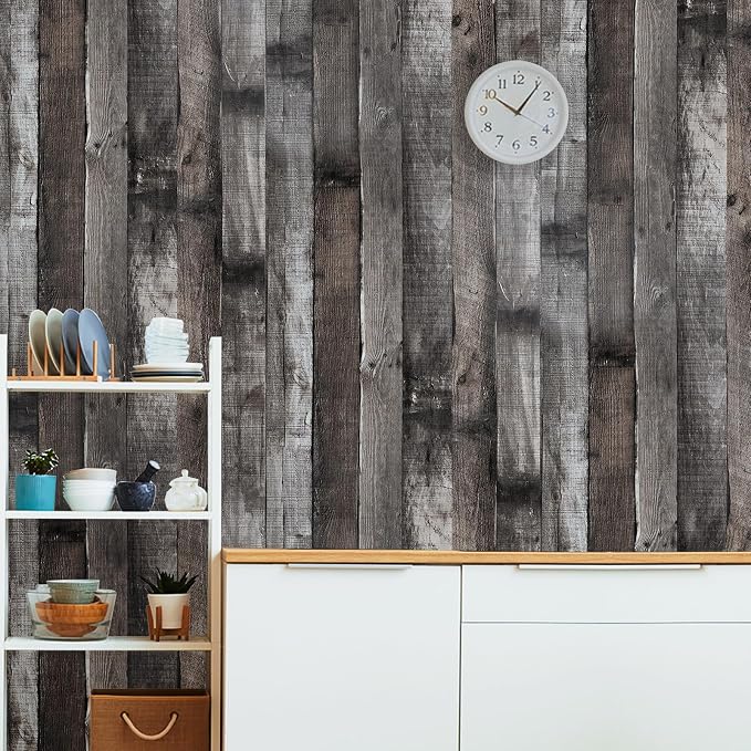 Yun-aeon Natural Wood-Dark Grey Wood Contact Paper Peel and Stick Wallpaper 17.3"x 120"Self Adhesive Removable Vintage Faux Wood Wall Paper Plank Shelf Home Decoration Kitchen Counter Cover Use | 17.3"x 120"Self Adhesive Removable Vintage Faux Wood Wal... - Image 8