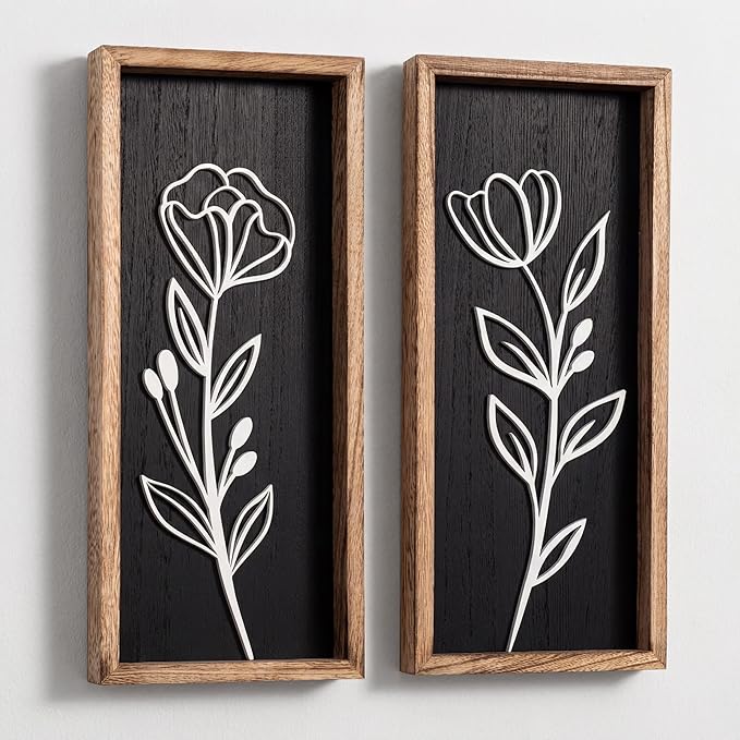 3D Vintage Black Living Room Decor (Set of 2) Lightweight, Wooden Ready-to-Hang Framed Moody Floral Wall Art for Bathroom, Bedroom or Office - Dark Textured Boho Farmhouse Wall Decor - Gift-Boxed by TideandTales