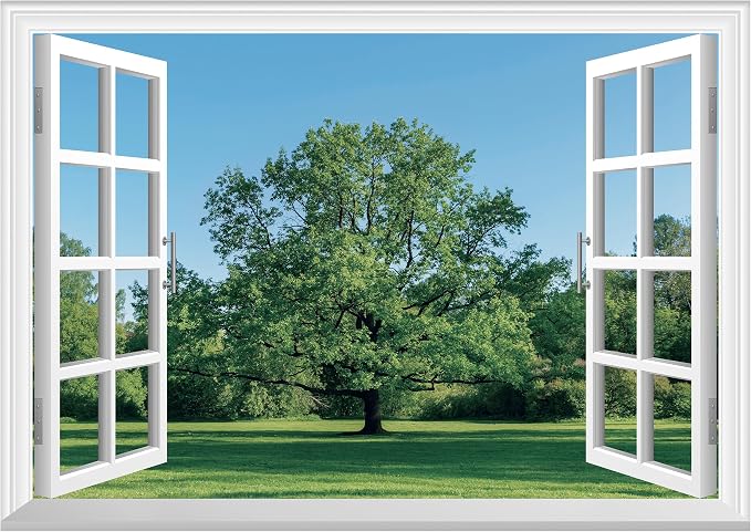 FLFK Fake Window Wall Mural - Grass and Trees Faux Window Wall Decal for Wall Decor, Peel and Stick Wall Sticker,80"x60",Set of 5 Sheets by FLFK