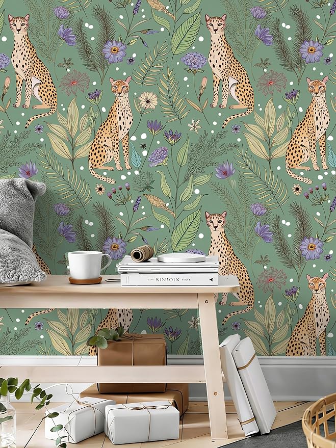 Floralplus Cheetah Peel and Stick Wallpaper Sage Green Wallpaper | Renter Friendly Wallpapers for Bathroom Jungle Leopard Textured Removable Contact Paper for Kitchen Bedroom 17.5 x 118 in - Image 4