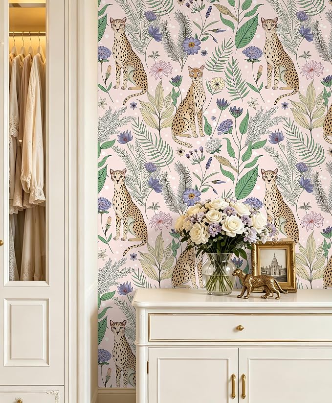 Floralplus Wallpaper Peel and Stick Vintage Pink Floral Wallpaper | Renter Friendly, Removable, Self Adhesive, Jungle Leopard Wallpaper, Textured Contact Paper for Nursery, 17.5 x 118 in - Image 5