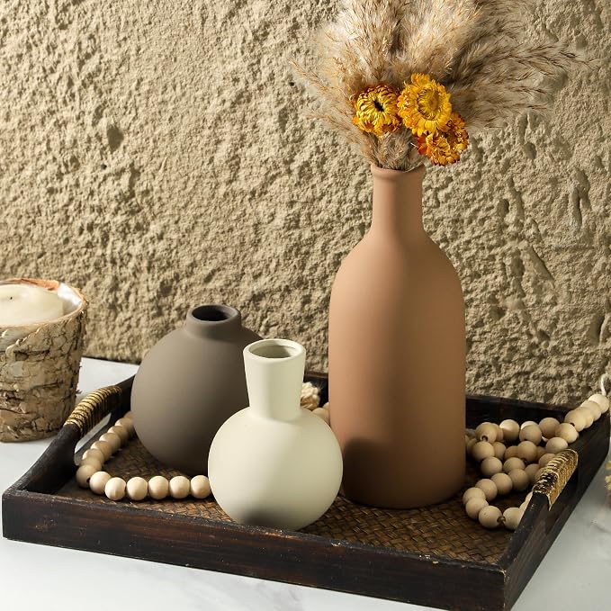 Vase Set of 3 | Ceramic Neutral Vases Home Decor | Rustic Flower Pottery Vases Modern Farmhouse Vase for Table Entryway Mantel Centerpiece Bookshelf Living Room Bathroom Bedroom -Brown Large - Image 7