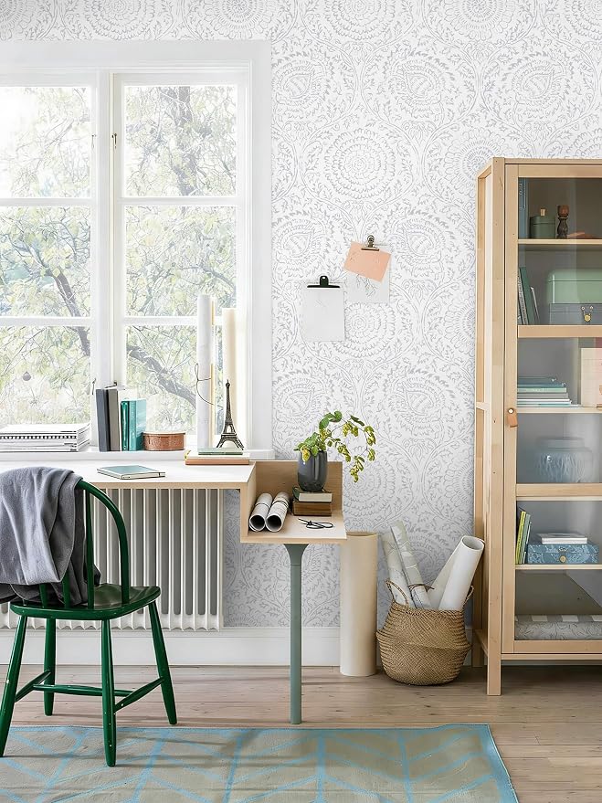 Ismoon Floral Peel and Stick Wallpaper Boho Grey and White Contact Paper | 17.3x196in Light Gray Wall Paper Textured Self Adhesive Removable Wallpaper for Bedroom Kitchen Renter Friendly Vinyl - Image 9