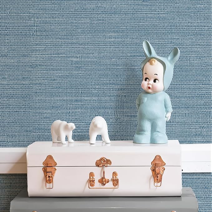 JiffDiff Grasscloth Wallpaper Peel and Stick 1181" x 17.3" Blue Cream Grassweave Stick on Wallpaper Textured Self Adhesive Wall Paper Contact Paper - Image 8