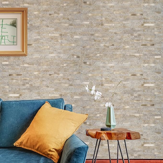 StyloVue 20 Sheets Peel and Stick Backsplash, Dark Beige with Metal Gold Look PVC Wall Tiles Upgrade Your Kitchen Backsplash, RV, Fireplace - Image 4