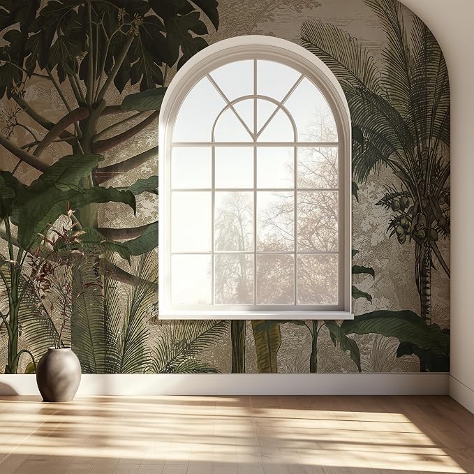 Vintage Tropical Botanical Peel and Stick Wall Mural, Canvas Wallpaper | Large Removable Jungle Mural with Palm Leaves and Birds for Dining Room, Living Room or Accent Wall Decor - Image 2