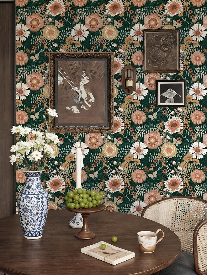 Dimoon Boho Retro Dark Green Wallpaper Peel and Stick Wallpaper Vintage Floral Contact Paper 17.3''x78.7'' Bohemian Removable Wall Paper Renter Friendly Waterproof Wall Mural Bedroom Bathroom Vinyl - Image 3