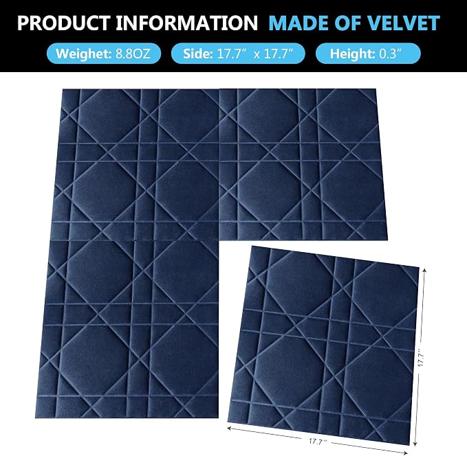 Velvet 3D wall Panels for Interior wall Decor Peel and Stick, Soundproof Geometric Textured 3D Wall Panels for Living Room, Bedroom, TV Background 17.7" x 17.7" 12pcs (Navy Blue) - Image 8